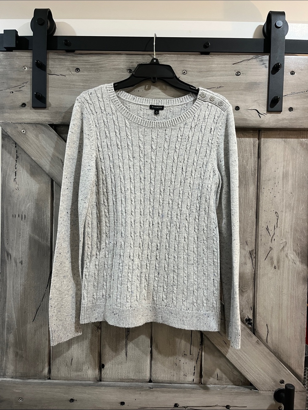 Talbots Light Gray Cable-Knit Crewneck Sweater with Shoulder Buttons
